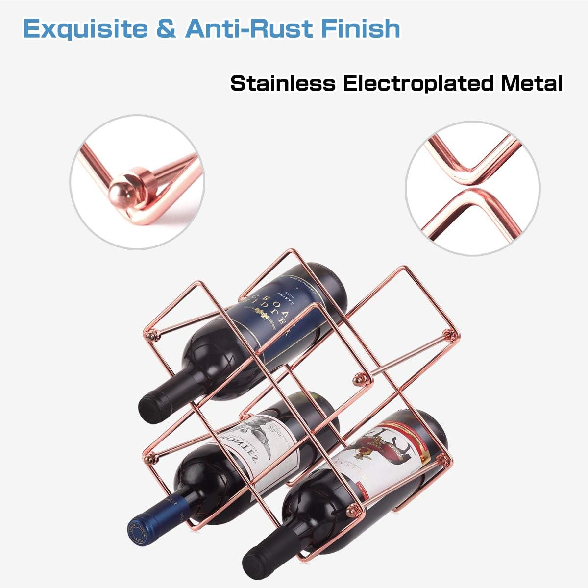 Countertop Wine Rack - 6 Bottle Wine Holder for Red White Wine Storage - Freestanding Metal Wine Rack - Small Tabletop Wine Rack - Modern Wine Bottle Holder (6 Bottle Rose Gold)