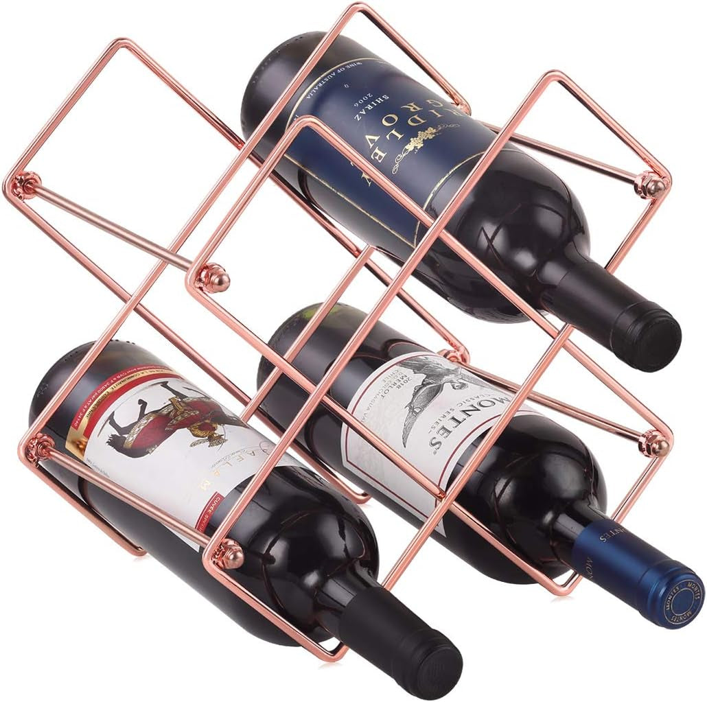 Countertop Wine Rack - 6 Bottle Wine Holder for Red White Wine Storage - Freestanding Metal Wine Rack - Small Tabletop Wine Rack - Modern Wine Bottle Holder (6 Bottle Rose Gold)
