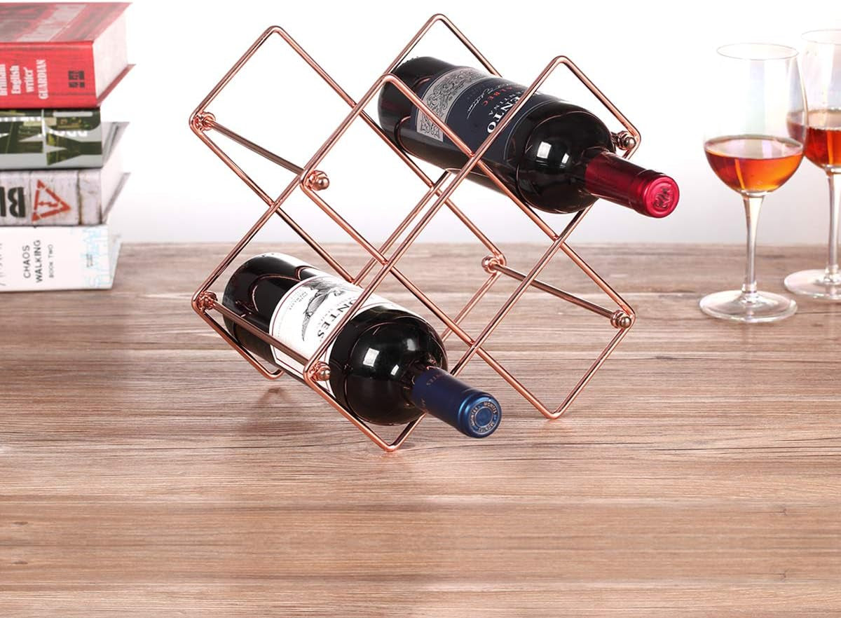 Countertop Wine Rack - 6 Bottle Wine Holder for Red White Wine Storage - Freestanding Metal Wine Rack - Small Tabletop Wine Rack - Modern Wine Bottle Holder (6 Bottle Rose Gold)