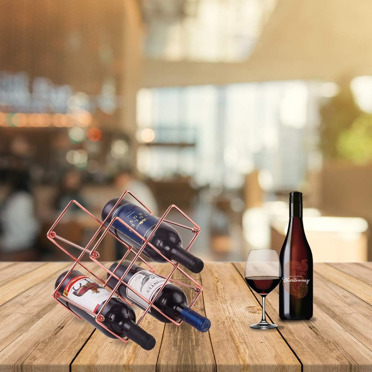 Countertop Wine Rack - 6 Bottle Wine Holder for Red White Wine Storage - Freestanding Metal Wine Rack - Small Tabletop Wine Rack - Modern Wine Bottle Holder (6 Bottle Rose Gold)