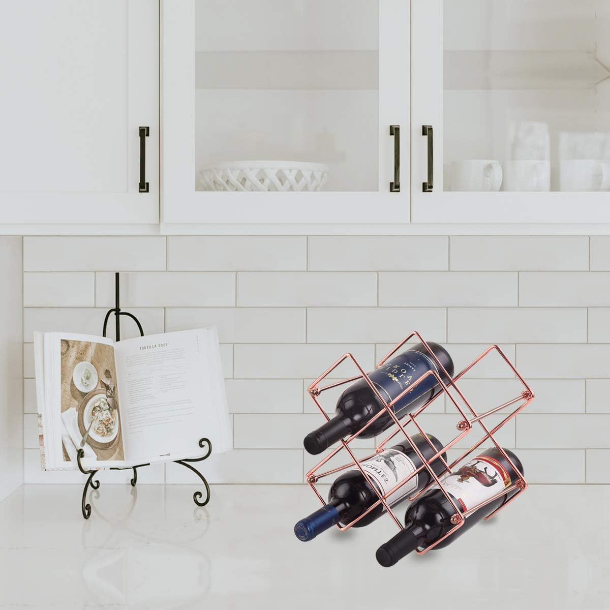 Countertop Wine Rack - 6 Bottle Wine Holder for Red White Wine Storage - Freestanding Metal Wine Rack - Small Tabletop Wine Rack - Modern Wine Bottle Holder (6 Bottle Rose Gold)